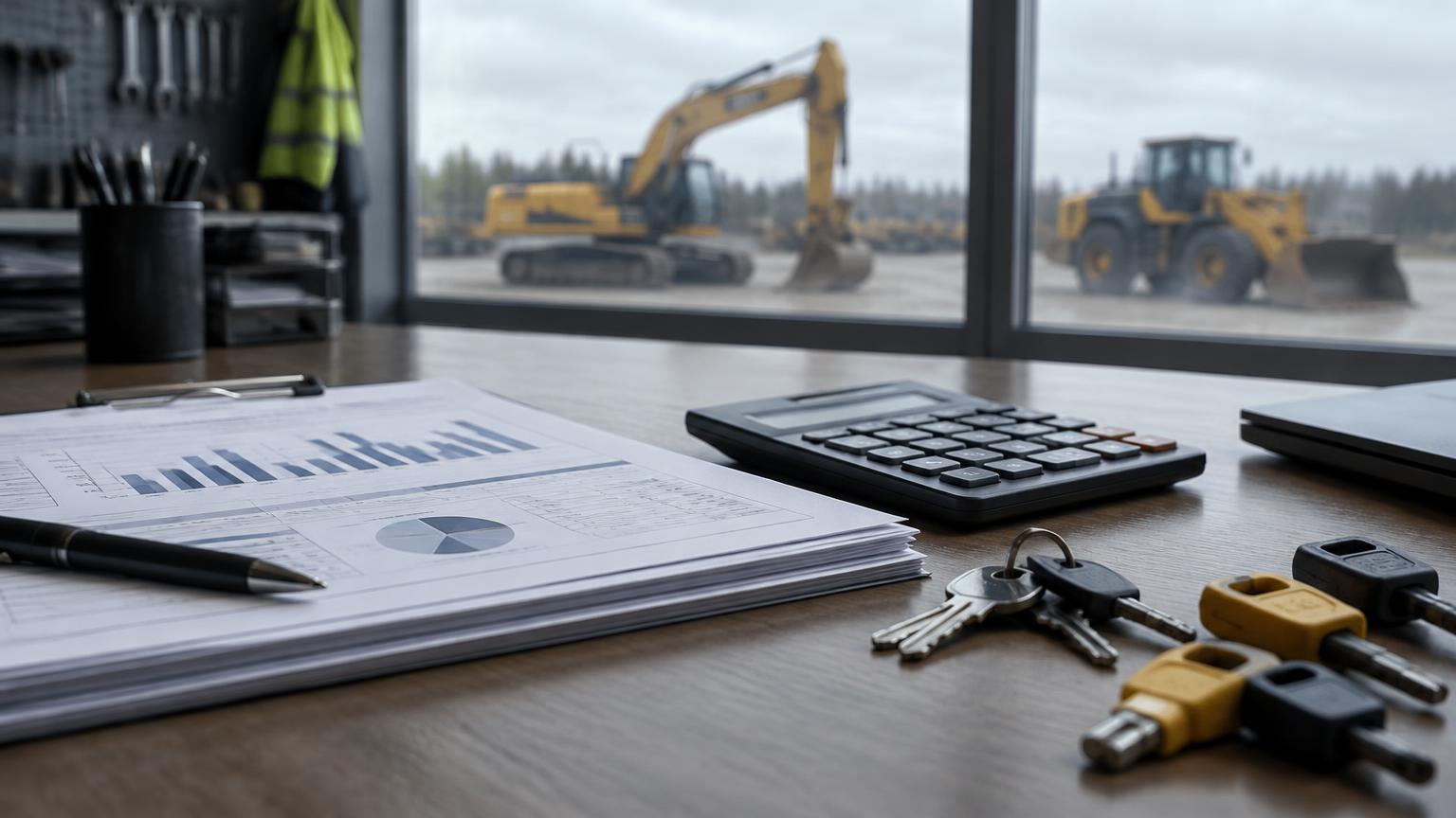 Financial paperwork, calculator and equipment keys on a workshop desk