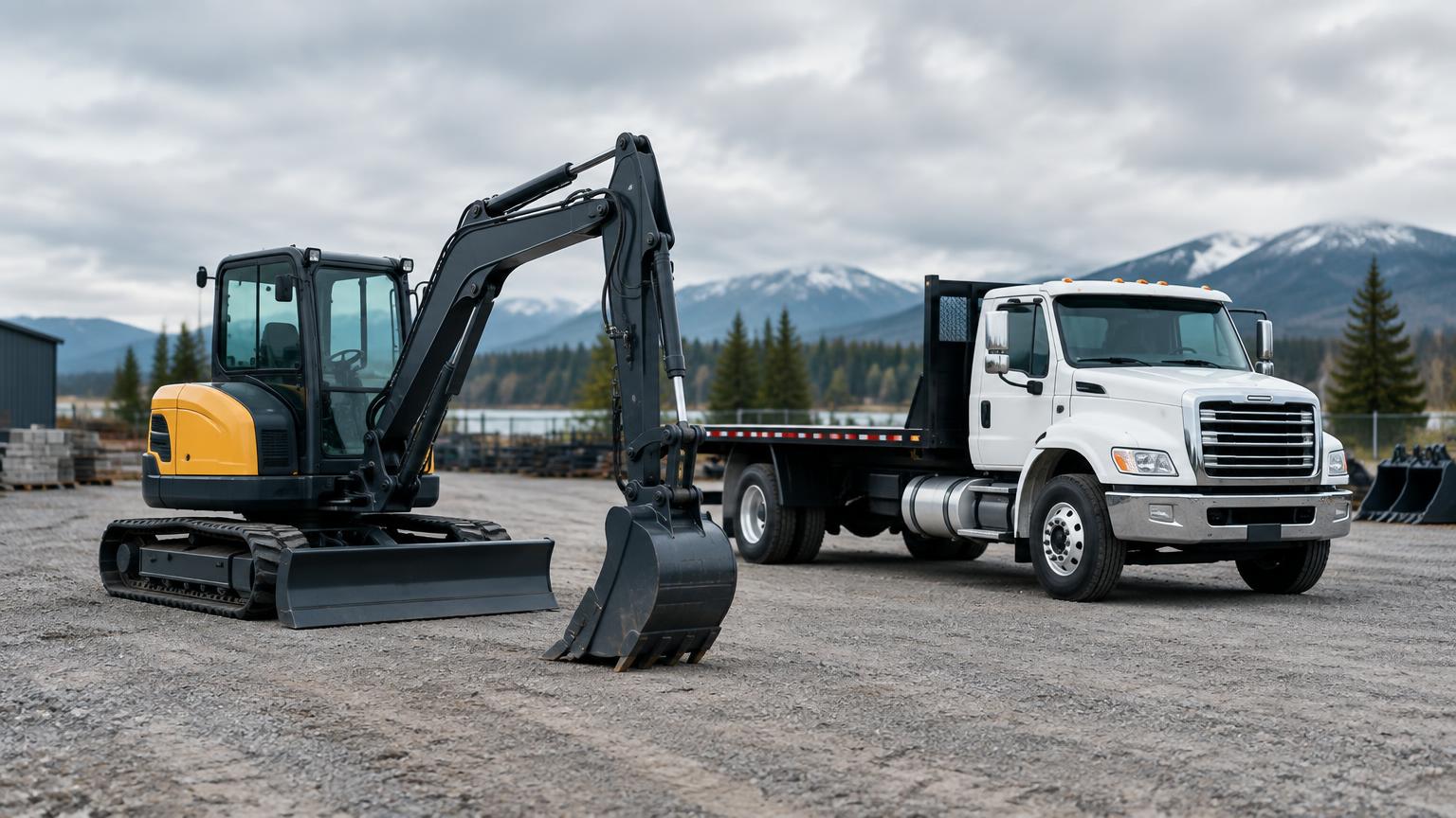 Excavator and commercial truck in a Canadian equipment yard