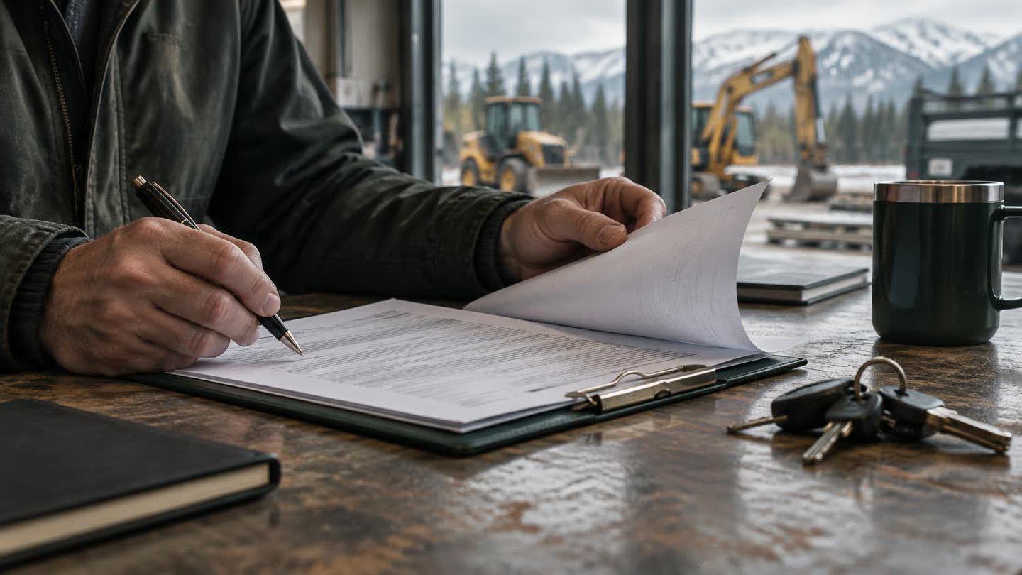 Equipment financing paperwork and keys on a workbench