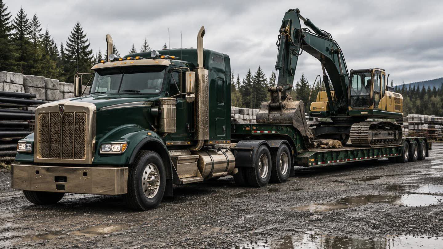 Truck, excavator and trailer together in a Canadian equipment yard