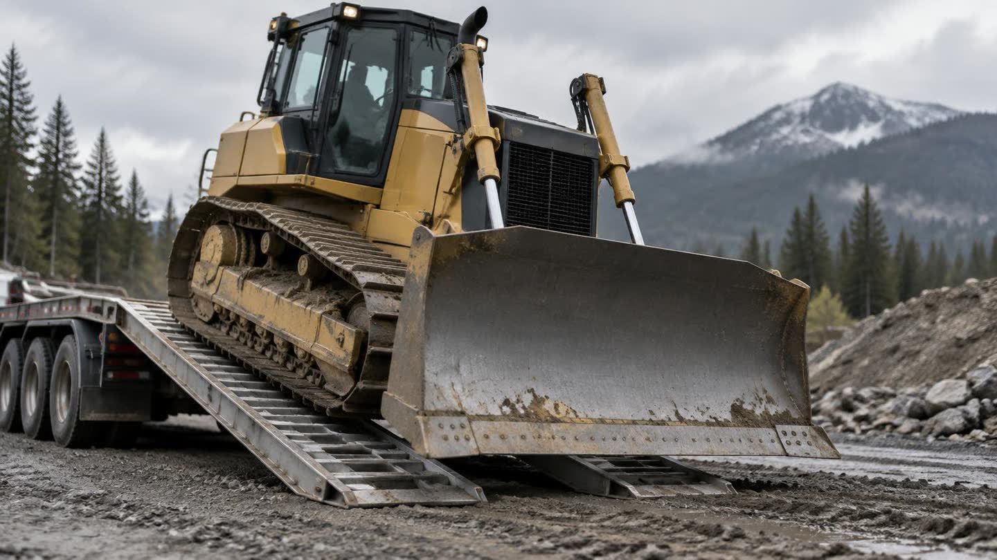 New construction equipment being delivered from a flatbed trailer
