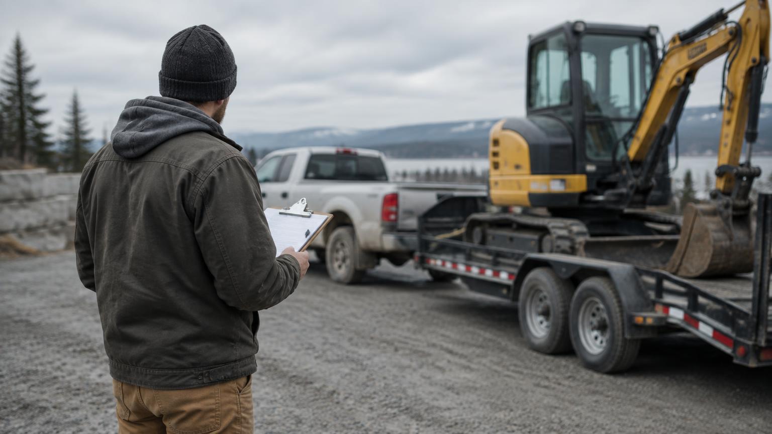 Business owner reviewing equipment details beside a work truck and excavator
